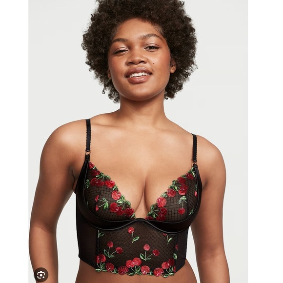 New Victoria’s Secret Cherry Black Long Line Bustier Bra 36DD NWT Whimsigoth Top - Picture 1 of 9
